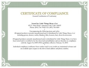Consumer Product Safety Improvement Act (CPSIA) Certificate of Compliance
