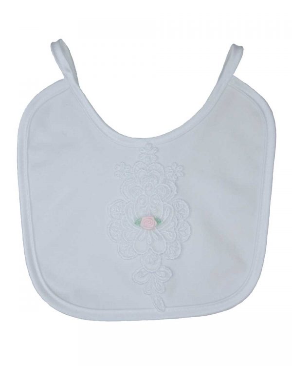 Girls Cotton Knit Interlock Bib with Embroidery and Rose - Little Things Mean a Lot