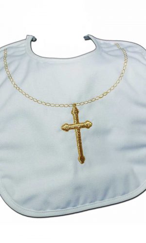 Cotton Christening Bib with Fancy Embroidered Gold Cross & Chain - Little Things Mean a Lot