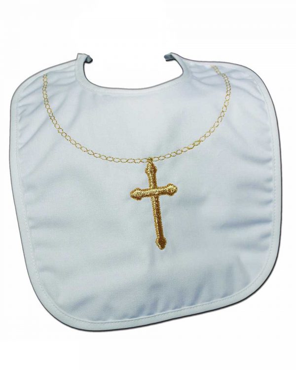 Cotton Christening Bib with Fancy Embroidered Gold Cross & Chain - Little Things Mean a Lot