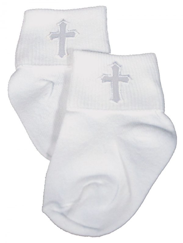 Unisex White Cotton Anklet Socks with Embroidered Cross - Little Things Mean a Lot