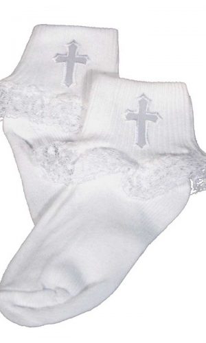 Girls White Anklet Socks with Embroidered Cross Applique and Lace - Little Things Mean a Lot