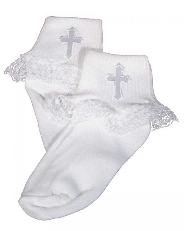 Girls White Anklet Socks with Embroidered Cross Applique and Lace - Little Things Mean a Lot