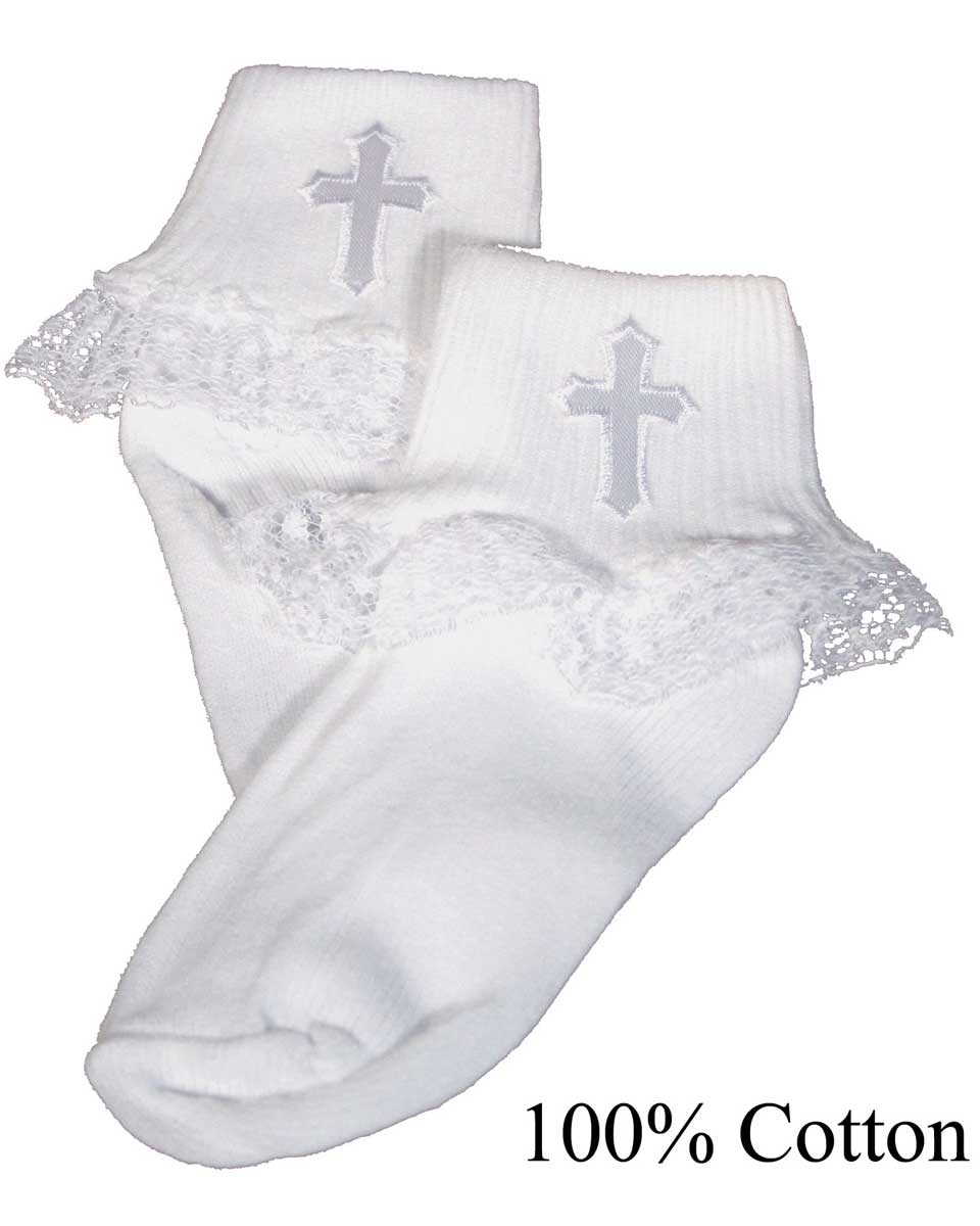 Girls White Anklet Socks with Embroidered Cross Applique and Lace - Little Things Mean a Lot