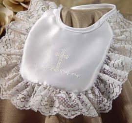 Girls Matte Satin Bib with Lace and Cross - Little Things Mean a Lot