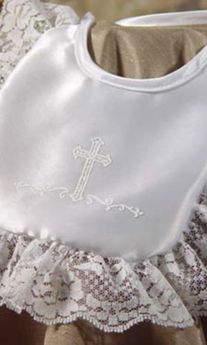 Girls Matte Satin Bib with Lace and Cross - Little Things Mean a Lot