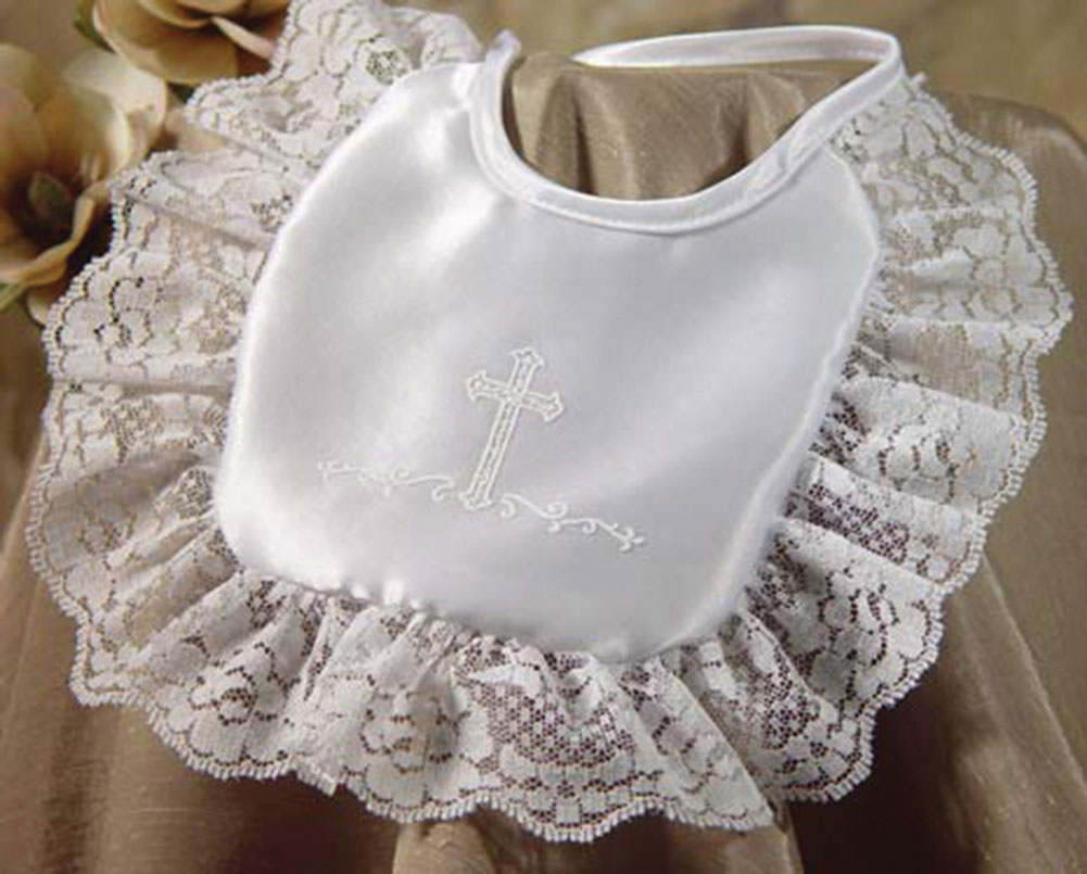 Girls Matte Satin Bib with Lace and Cross - Little Things Mean a Lot