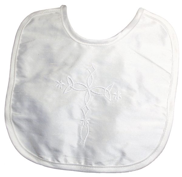 Unisex White Silk Dupioni Christening Bib with Embroidered Cross - Little Things Mean a Lot