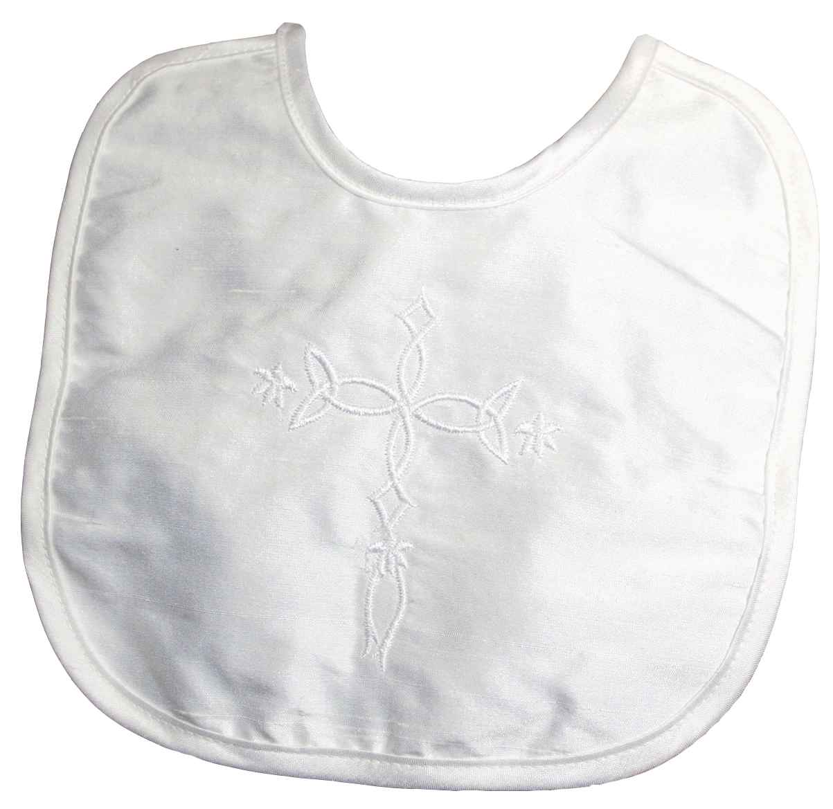 Unisex White Silk Dupioni Christening Bib with Embroidered Cross - Little Things Mean a Lot
