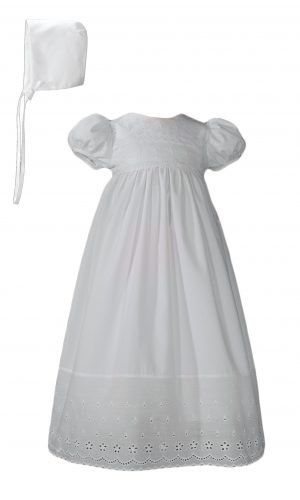 Girls White Poly Cotton Christening Baptism Gown with Lace Border and Bonnet - Little Things Mean a Lot