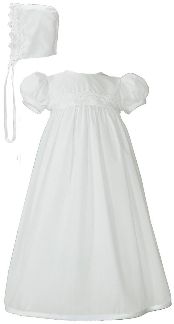 Girls White Polycotton Christening Baptism Gown with Lace Trim & Bonnet - Little Things Mean a Lot