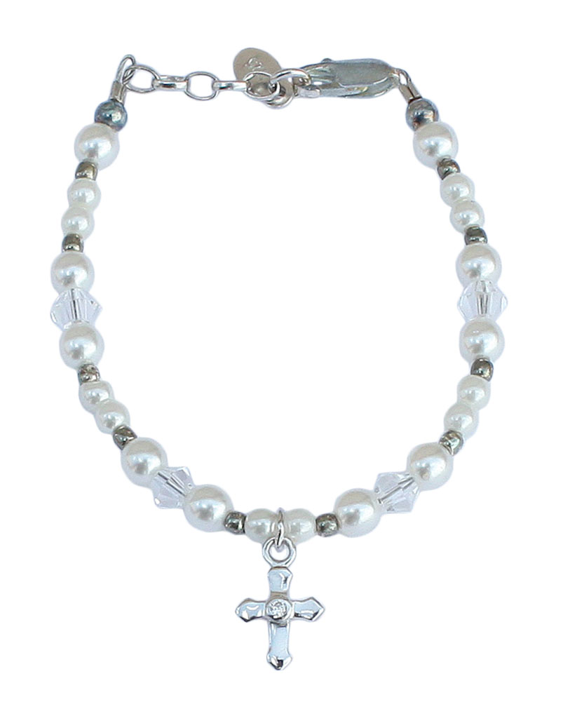 White Pearl Crystal Cross Girls Bracelet - Little Things Mean a Lot