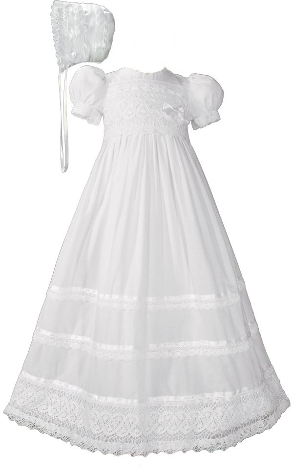 Girls Cotton Short Sleeve Dress Christening Baptism Gown with Lace and Ribbon - Little Things Mean a Lot