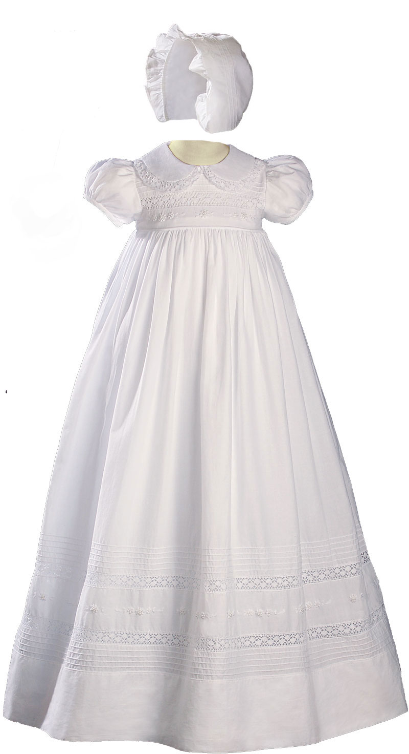 Girls 33" White Cotton Short Sleeve Christening Baptism Gown with Hand Embroidery - Little Things Mean a Lot