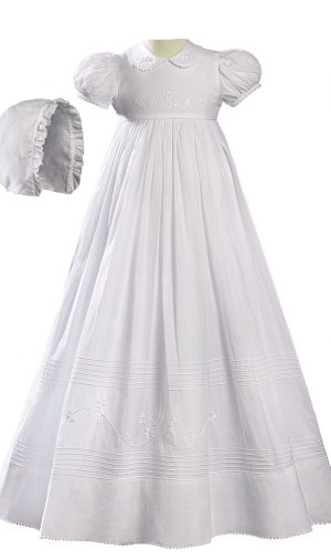 Girls 32" White Cotton Short Sleeve Christening Baptism Gown with Floral Shamrock Embroidery - Little Things Mean a Lot