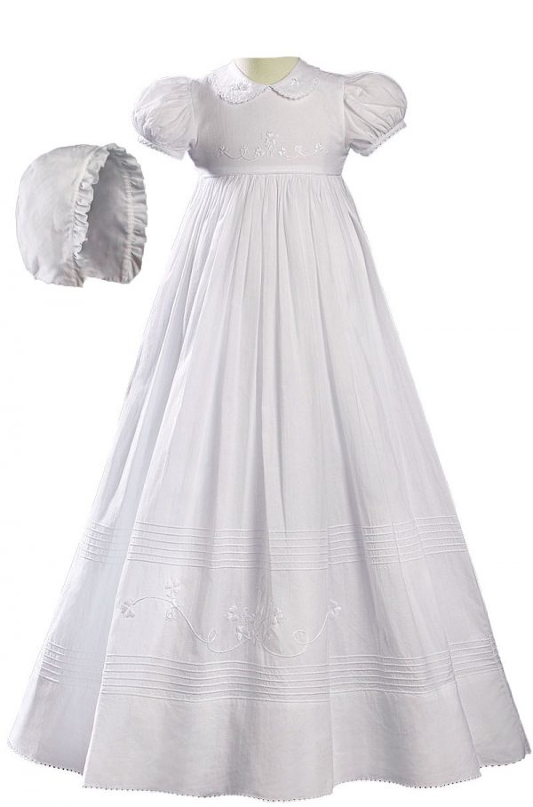 Girls 32" White Cotton Short Sleeve Christening Baptism Gown with Floral Shamrock Embroidery - Little Things Mean a Lot