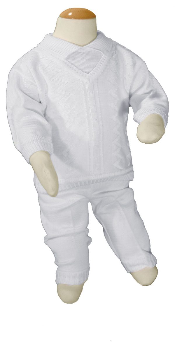 Boys 100% Cotton Knit Two Piece White Christening Baptism Outfit - Little Things Mean a Lot