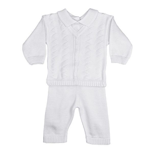 Boys 100% Cotton Knit Two Piece White Christening Baptism Outfit - Image 2