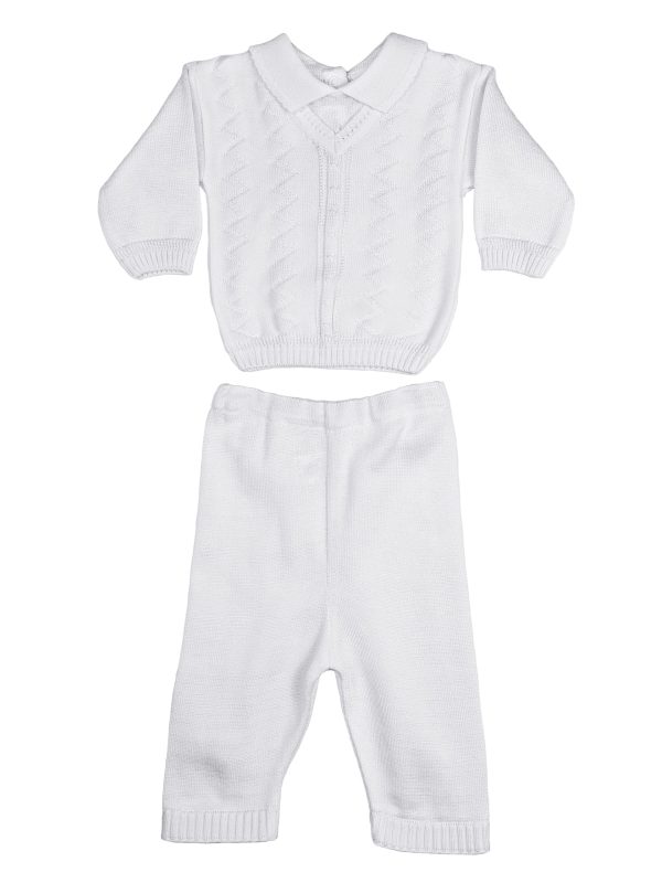 Boys 100% Cotton Knit Two Piece White Christening Baptism Outfit - Image 3