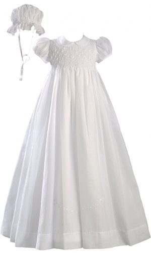 Girls White 32" Hand Smocked Polycotton Batiste Christening Baptism Gown - Little Things Mean a Lot