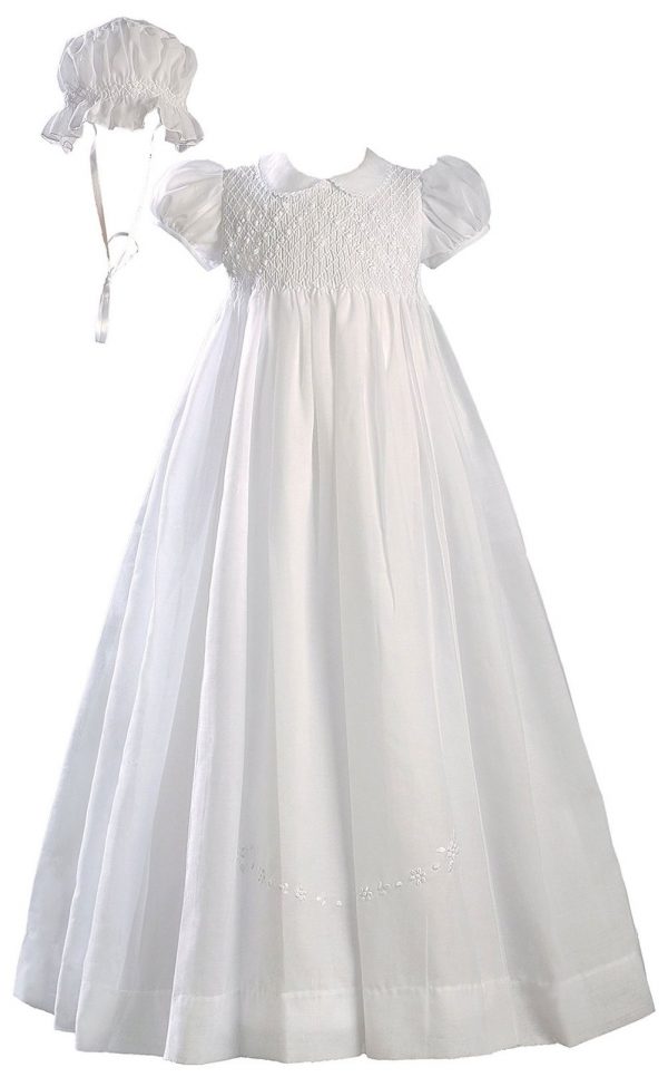 Girls White 32" Hand Smocked Polycotton Batiste Christening Baptism Gown - Little Things Mean a Lot