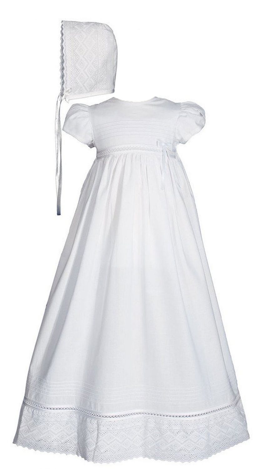 Girls 30" White Cotton Dress Christening Gown Baptism Gown with Lace