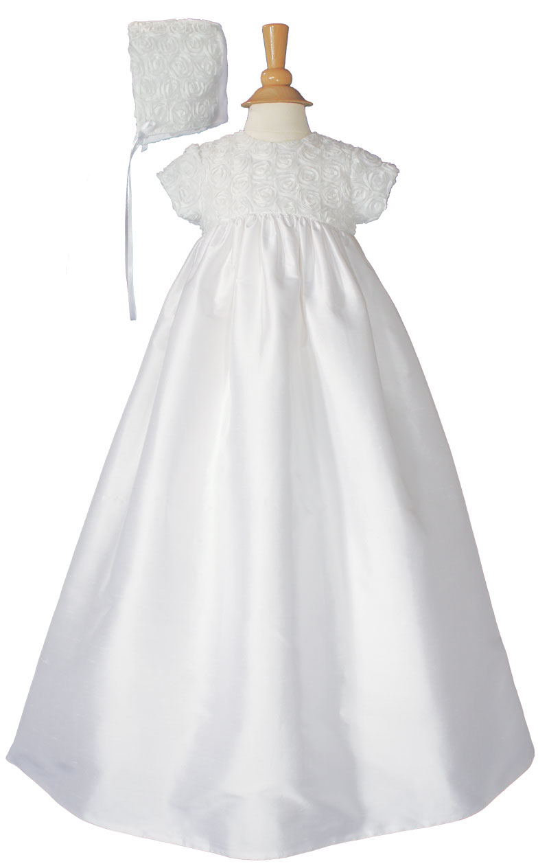 Girls 32" Cotton Sateen Christening Gown with Rosette Covered Bodice - Little Things Mean a Lot