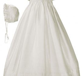Girls 32" White Silk Christening Baptism Gown with Smocked Bodice - Little Things Mean a Lot