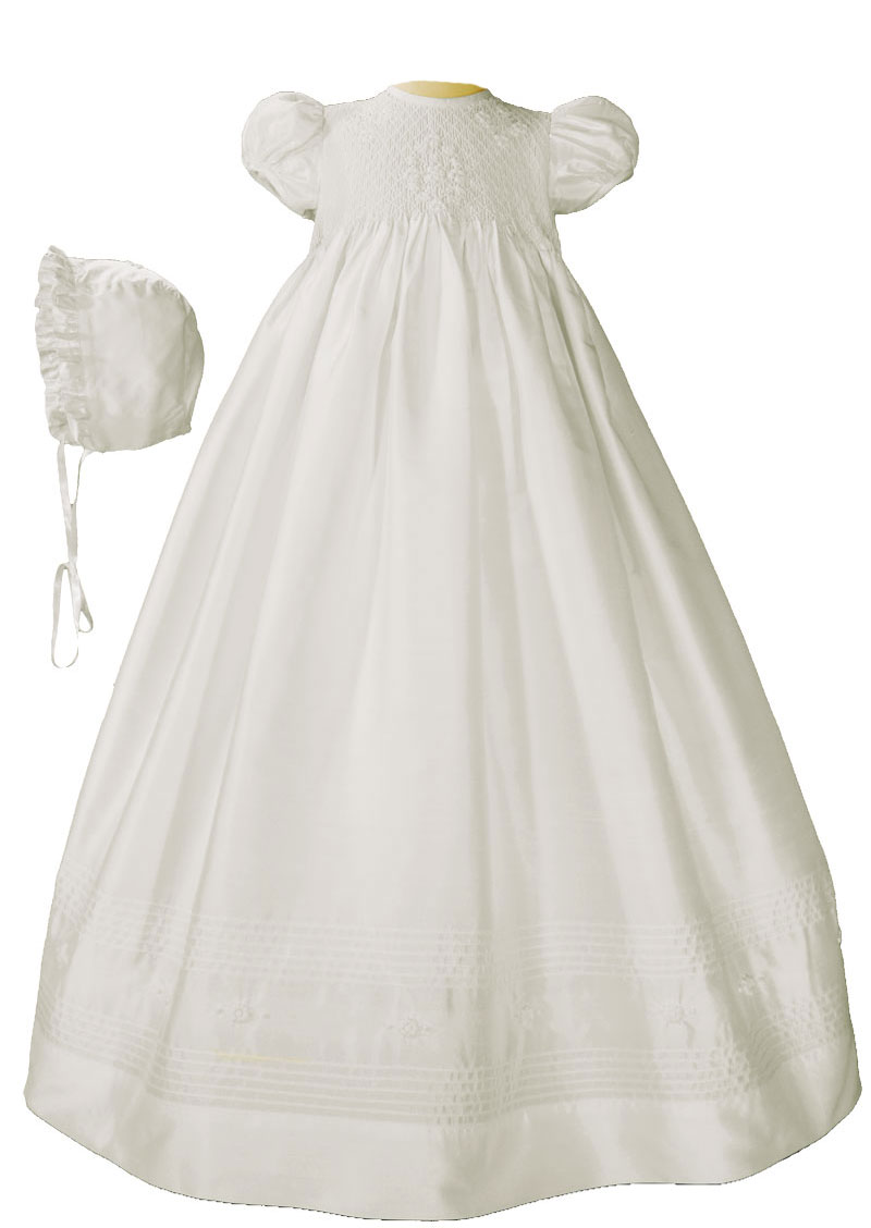 Girls 32" White Silk Christening Baptism Gown with Smocked Bodice - Little Things Mean a Lot