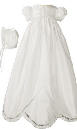 Girls 33" White Silk Dupioni Christening Baptism Gown with Hand Embroidery - Little Things Mean a Lot