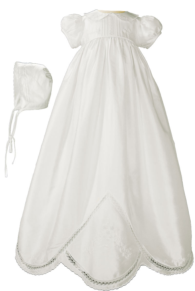 Girls 33" White Silk Dupioni Christening Baptism Gown with Hand Embroidery - Little Things Mean a Lot