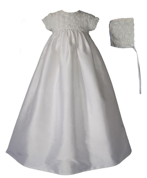 Girls 32" Silk Dupioni Christening Gown with Rosette Bodice - Little Things Mean a Lot