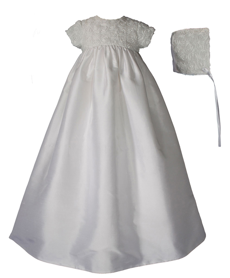 Girls 32" Silk Dupioni Christening Gown with Rosette Bodice - Little Things Mean a Lot