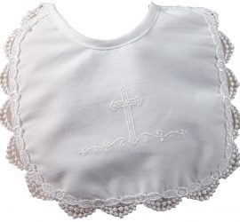 Girls Polycotton Bib with Screened Cross and Venise Edge - Little Things Mean a Lot