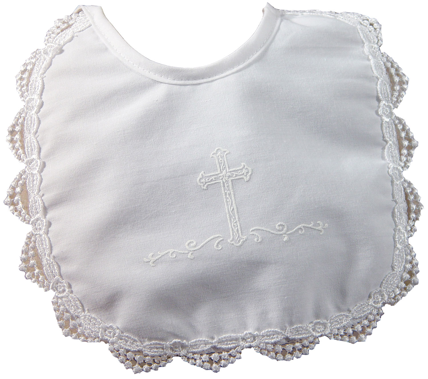 Girls Polycotton Bib with Screened Cross and Venise Edge - Little Things Mean a Lot