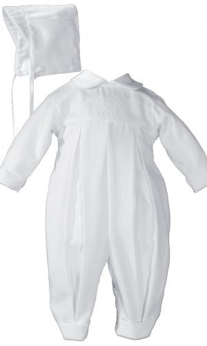 Boys Pleated Christening Baptism Coverall with Embroidered Shamrock Cluster and Hat - Little Things Mean a Lot