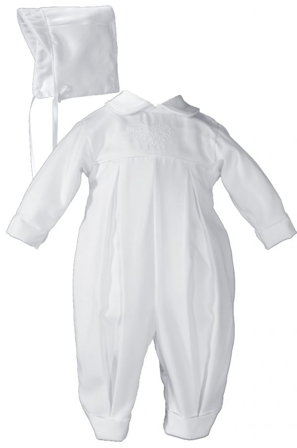 Boys Pleated Christening Baptism Coverall with Embroidered Shamrock Cluster and Hat - Little Things Mean a Lot