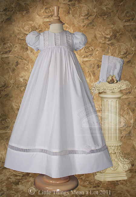 Girls 30" Poly Cotton Christening Gown with Organza Ruching Accents and Bonnet - Little Things Mean a Lot