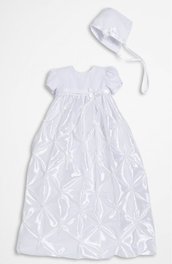 Girls White Polyester Taffeta Christening Baptism Gown with Rosettes and a Bonnet - Little Things Mean a Lot