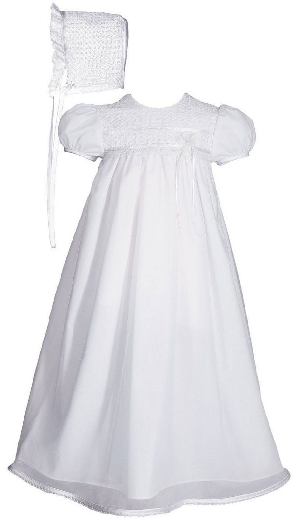 Girls 25" Tricot Overlay Christening Baptism Gown with Tatted Lace Bonnet - Little Things Mean a Lot