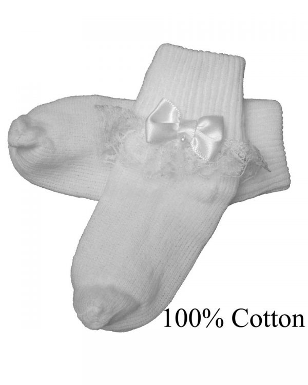 Girls Cotton or Nylon Special Occasion Anklet Socks with Lace and Pearl Bow - Little Things Mean a Lot