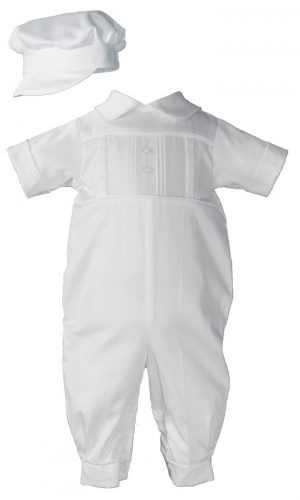 Boys Cotton Sateen Short Sleeve Christening Baptism Coverall with Pleated Front and Hat - Little Things Mean a Lot