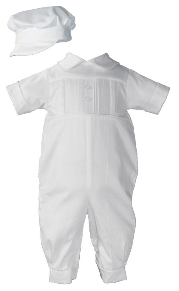 Boys Cotton Sateen Short Sleeve Christening Baptism Coverall with Pleated Front and Hat - Little Things Mean a Lot