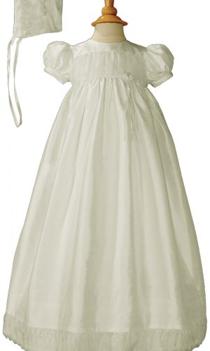 Girls Silk Dupioni Christening Baptism Gown with Silk Organza Pleats and Bonnet - Little Things Mean a Lot