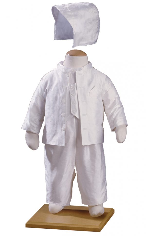 Boys Silk Off-White Mandarin Style Christening Suit Tuxedo with Matching Hat - Little Things Mean a Lot