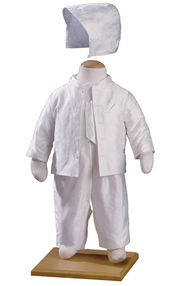 Boys Silk Off-White Mandarin Style Christening Suit Tuxedo with Matching Hat - Little Things Mean a Lot