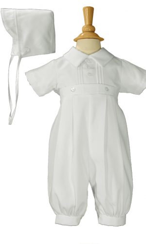 Boys White Gabardine Christening Baptism Pintucked Coverall with Matching Hat - Little Things Mean a Lot