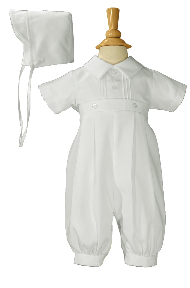 Boys White Gabardine Christening Baptism Pintucked Coverall with Matching Hat - Little Things Mean a Lot