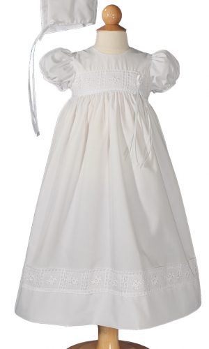 Girls Poly Cotton Dress Christening Baptism Gown with Rose Lace and Matching Bonnet - Little Things Mean a Lot