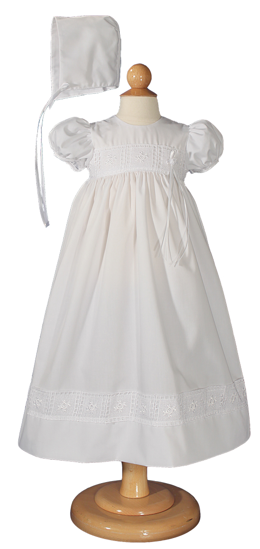Girls Poly Cotton Dress Christening Baptism Gown with Rose Lace and Matching Bonnet - Little Things Mean a Lot